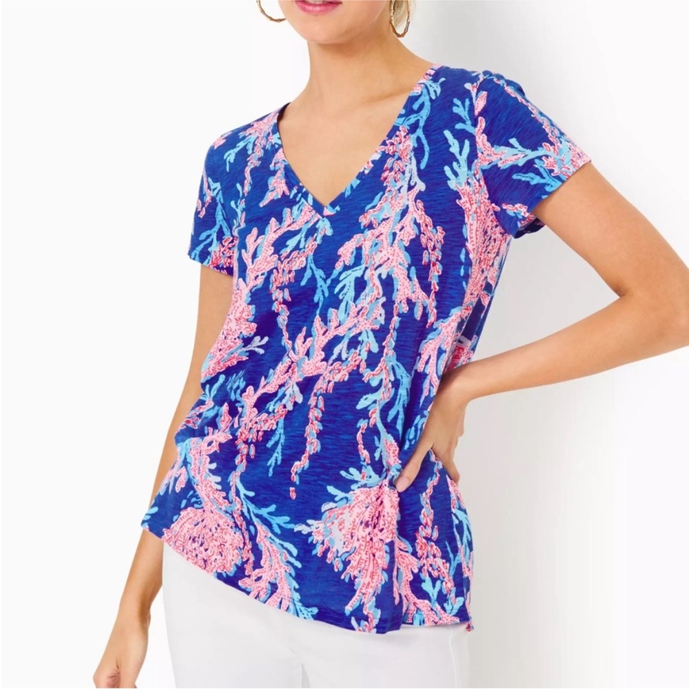 Lilly Pulitzer Etta V-Neck Top BOREALIS BLUE SWIM‎ ON OVER- XS
